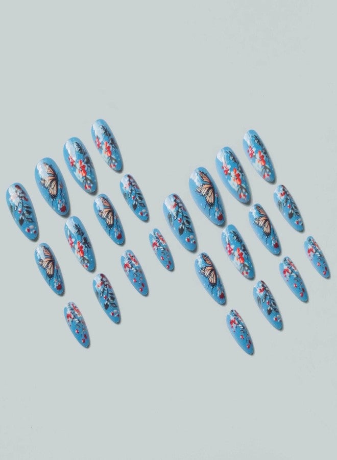 OCOUYVD Press on Nails Almond Stiletto Heel Fake Nails with Flower Butterfly Designs Spring Summer Nails Glue Nails Glossy Blue Brown Acrylic Full Cover Nails False Nails Tip Stick on Nails for Women 24PCS - Image 3